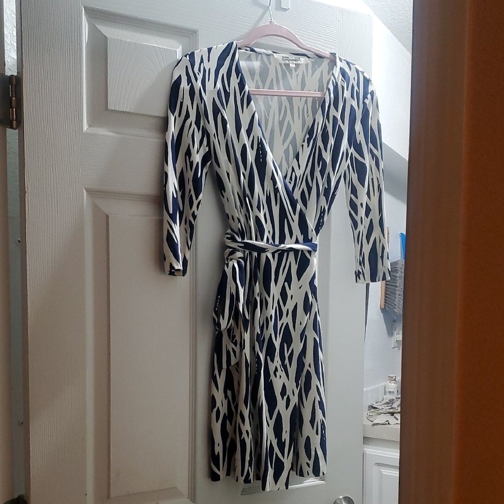 Stylish Navy Blue and White Wrap Dress